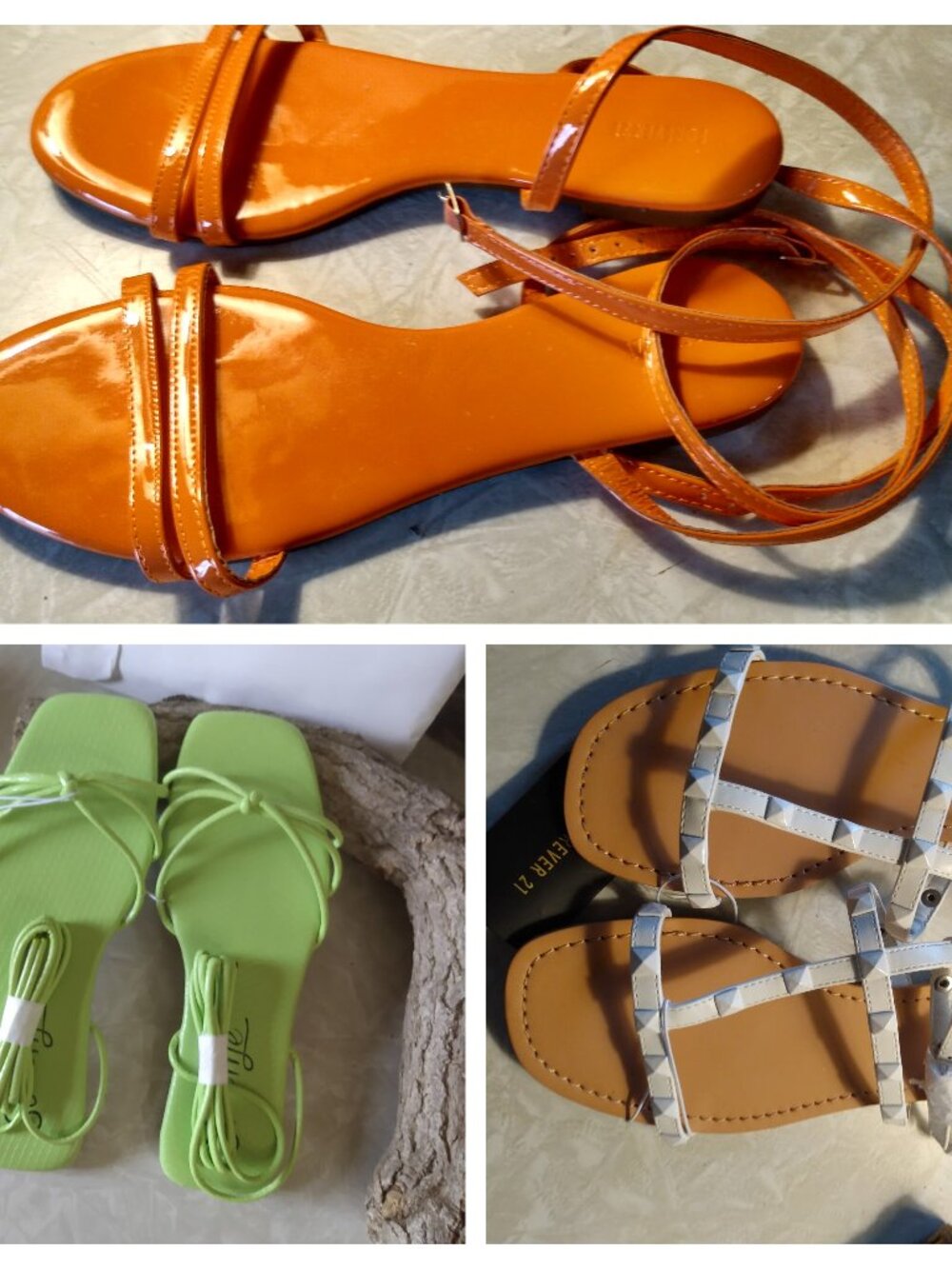 3 Pairs 7.5 Strappy Flat Summer Sandals White Green Orange